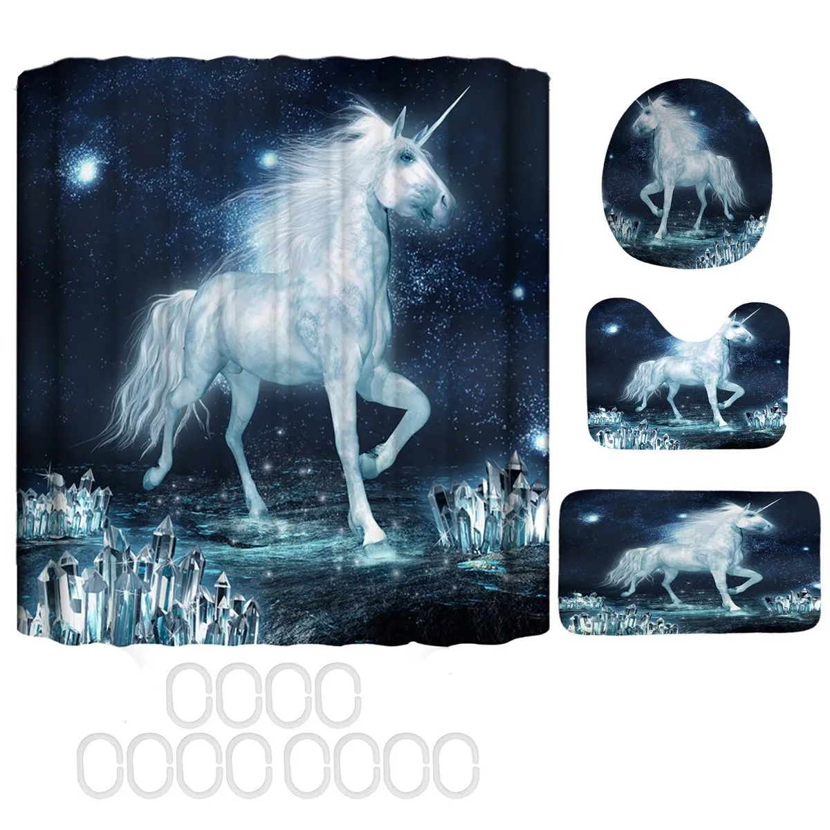 180x180cm Shower Curtain Toilet Seat Cover Non-Slip Pedestal Rug Toilet Seat Cover Bath Mat  12x Plastic Hook
