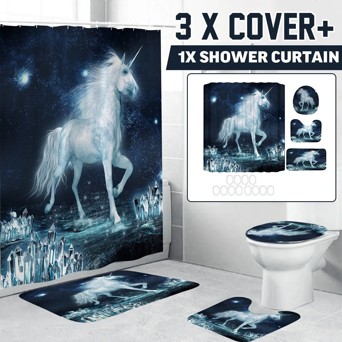 180x180cm Shower Curtain Toilet Seat Cover Non-Slip Pedestal Rug Toilet Seat Cover Bath Mat  12x Plastic Hook