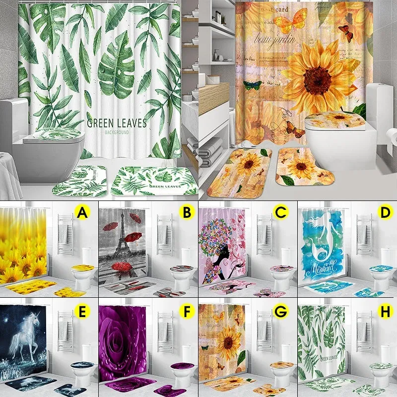 180x180cm Shower Curtain Toilet Seat Cover Non-Slip Pedestal Rug Toilet Seat Cover Bath Mat  12x Plastic Hook