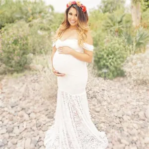 Babymoon Off Shoulder Maternity Gown Dress - White