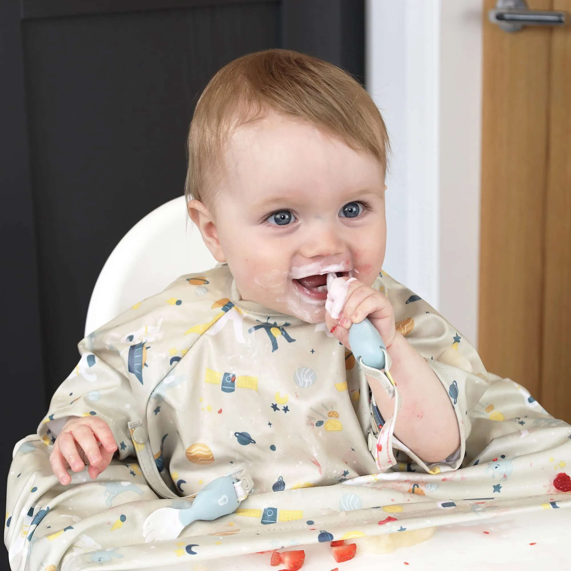 BIBaDO - Coverall Baby Feeding Bibs, Weaning Bib, Easy to Clean Baby Bibs for Eating, Adjustable High Chair Catch All Cosmic Companions