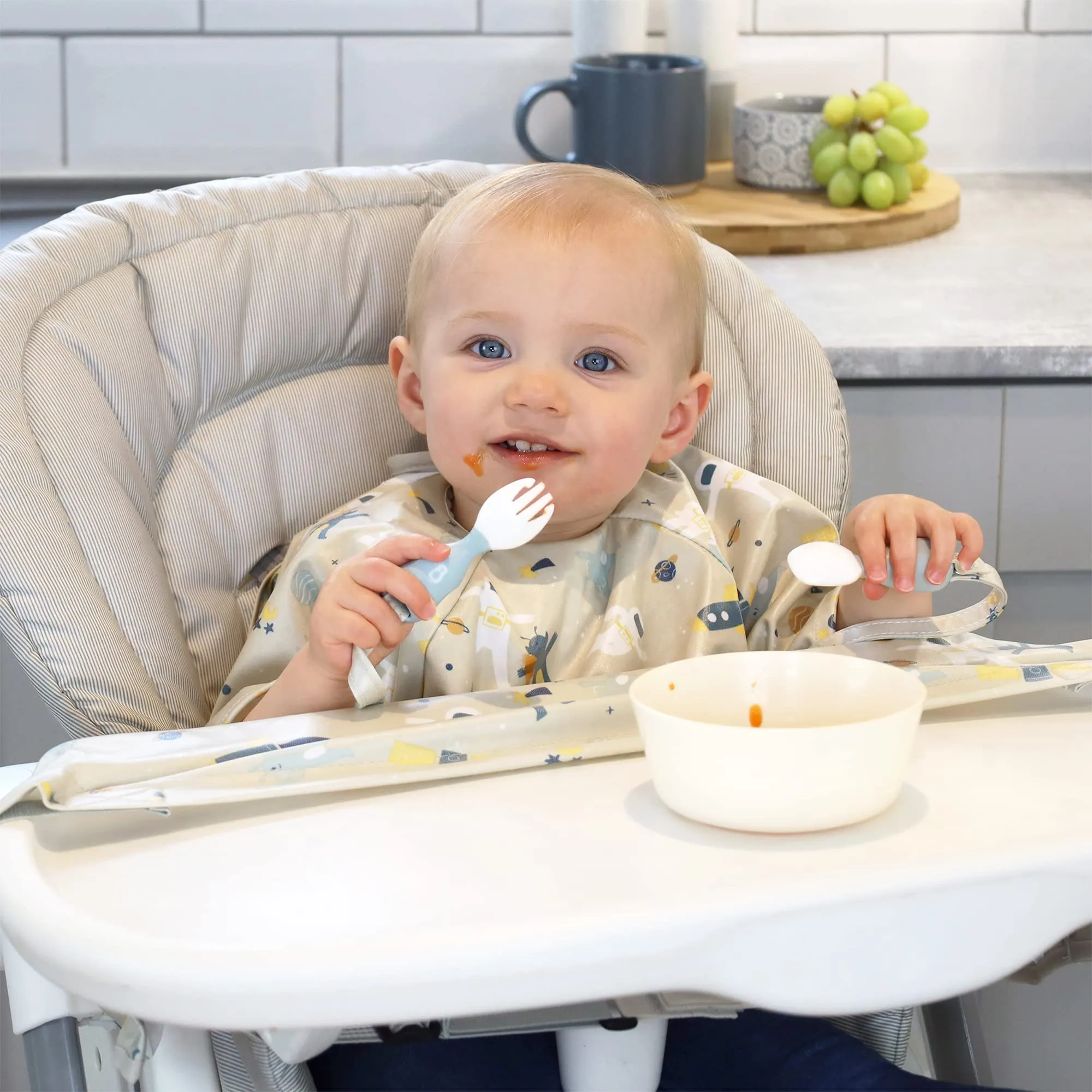 BIBaDO - Coverall Baby Feeding Bibs, Weaning Bib, Easy to Clean Baby Bibs for Eating, Adjustable High Chair Catch All Cosmic Companions