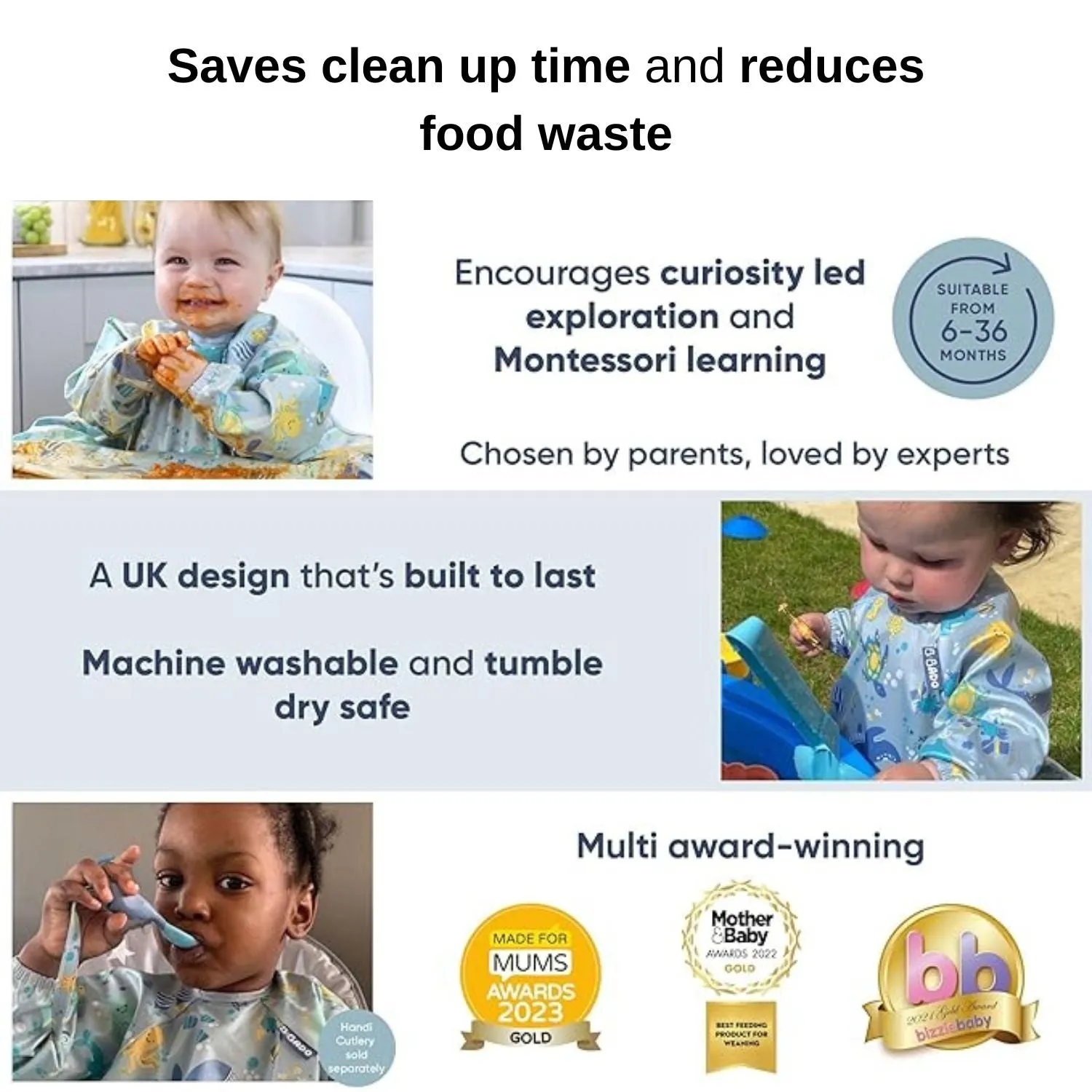 Bibado Long-Sleeve Coverall Weaning Bib Speedy Dinos Turquoise