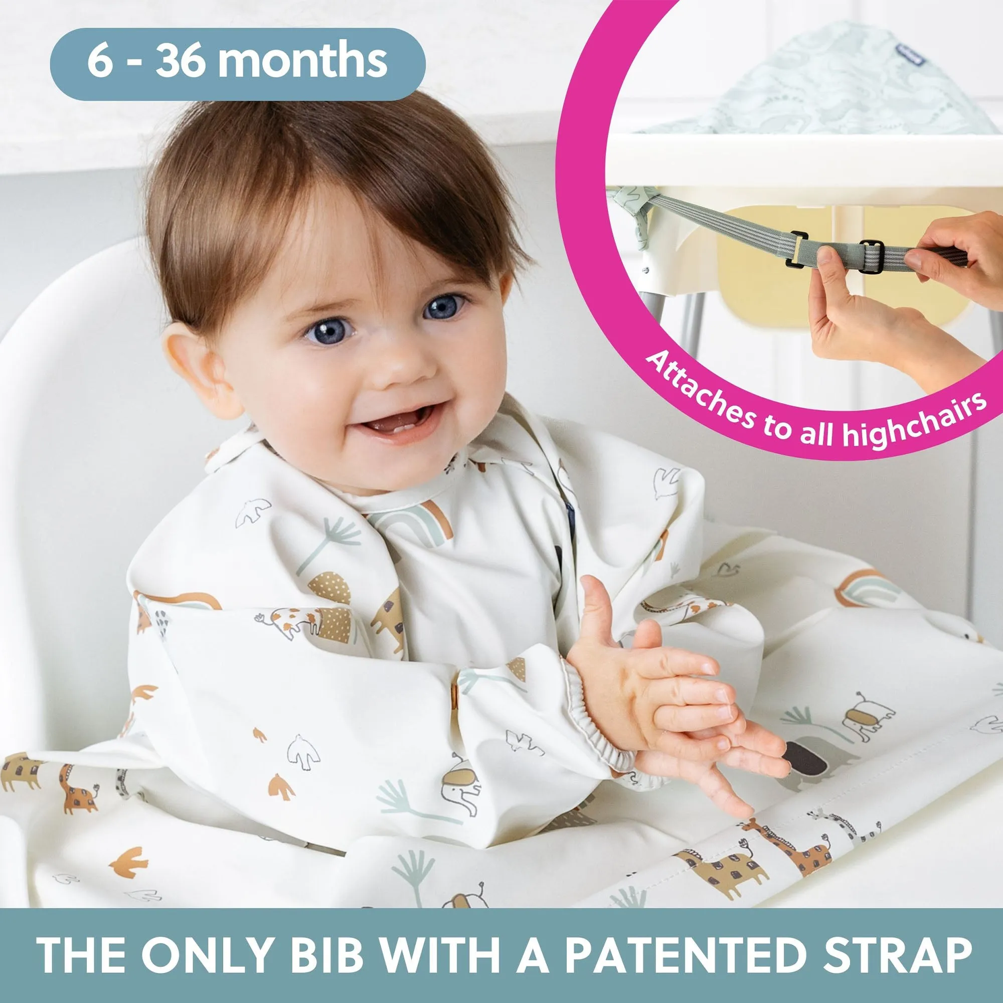 BiBaDo Stain & Water Proof Long Sleeve Coverall Shirt Weaning Bib Serengeti Spaghetti Print- White - For Infants