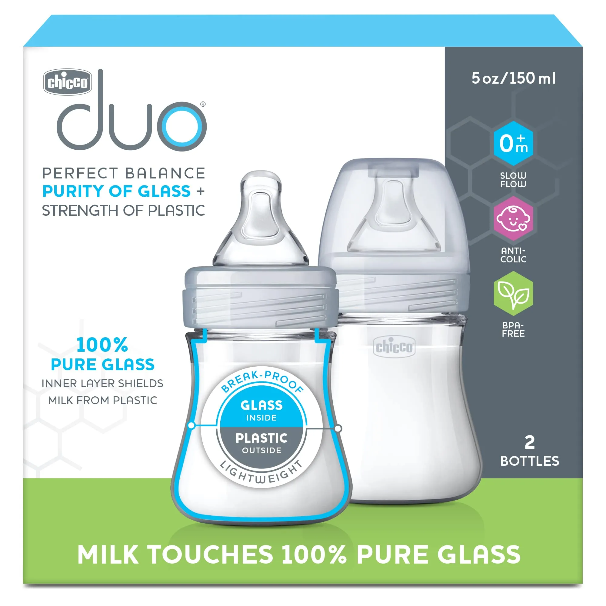 Chicco: Duo Baby Bottle with Invinci-Glass Inside - Plastic Outside and Intui-Latch Nipple