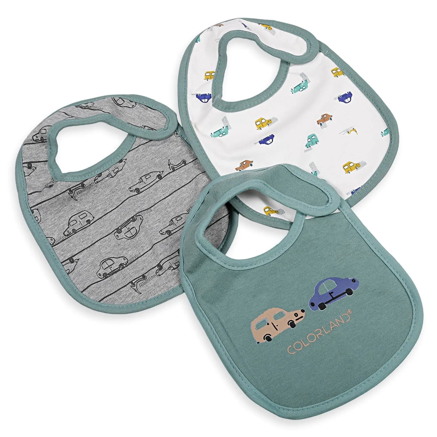 Feeding Bibs Pack Of 3 Cartoon Car Printed Green And Grey
