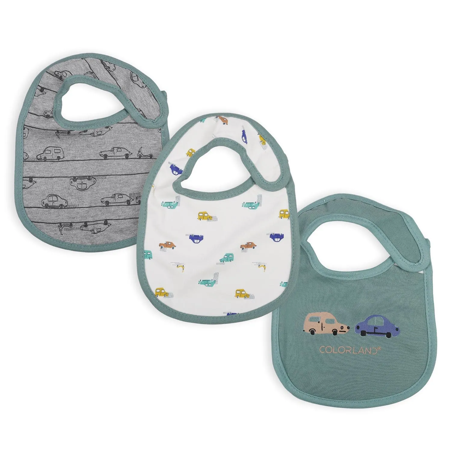 Feeding Bibs Pack Of 3 Cartoon Car Printed Green And Grey