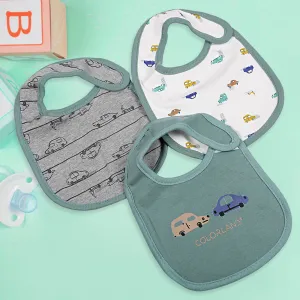 Feeding Bibs Pack Of 3 Cartoon Car Printed Green And Grey