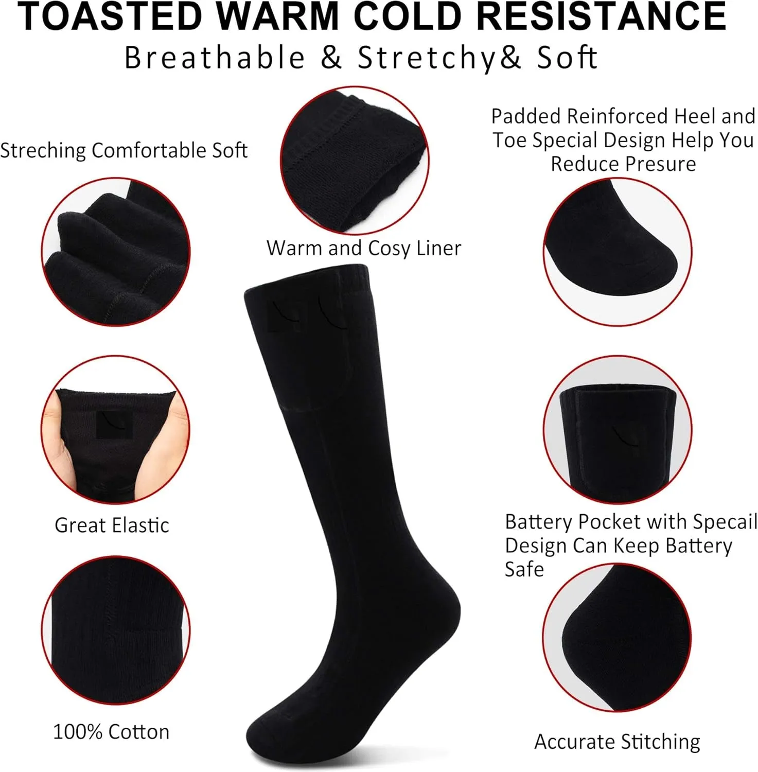 Heated Socks for Men/Women-Rechargeable Electric Battery Heat Socks,Winter Warm Novelty Heat Insulated Sox Kit,Thick Thermo Skiing Heating Stockings,Hunting Climbing Hiking Foot Warmer Socks(Black,L)