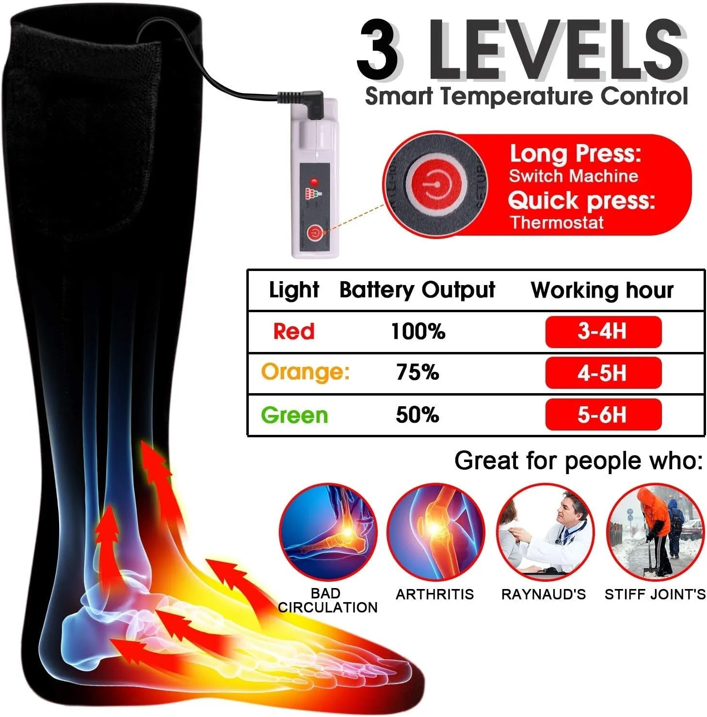 Heated Socks for Men/Women-Rechargeable Electric Battery Heat Socks,Winter Warm Novelty Heat Insulated Sox Kit,Thick Thermo Skiing Heating Stockings,Hunting Climbing Hiking Foot Warmer Socks(Black,L)