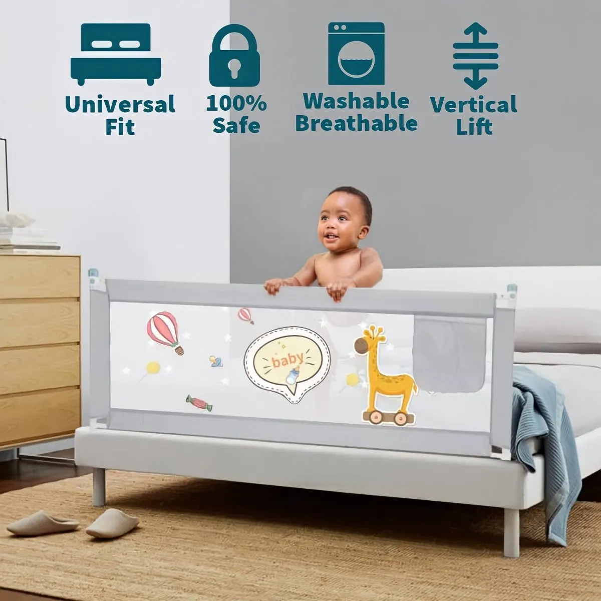 KidDough Adjustable Bed Rail Guard for Kids Safety- Grey
