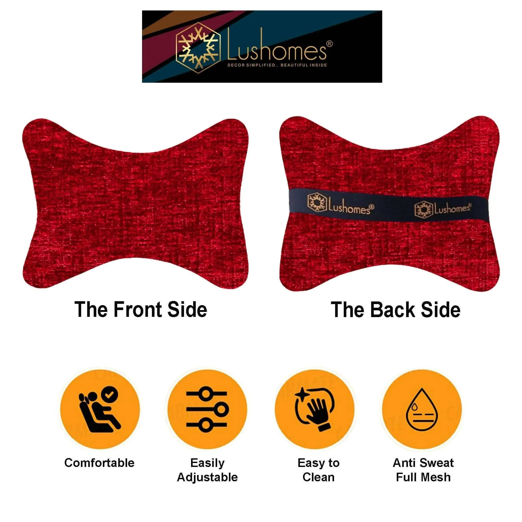 Lushomes Car Neck Rest Pillow & Cushion, Set of 2, Red Chenille, 17x27 cm, Lumbar & Headrest Support