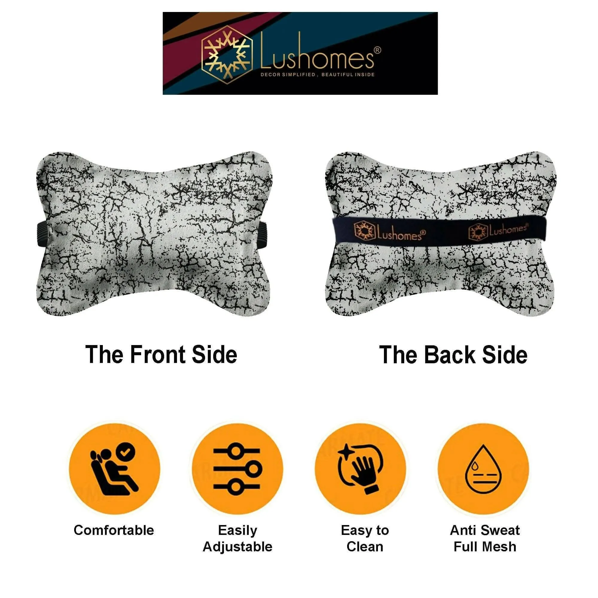 Lushomes "Premium Light Grey Car Seat Neck Rest Pillow Set - Designer Chenille Lumbar, Back, and Headrest Support, 17x27 cm (Set of 2)