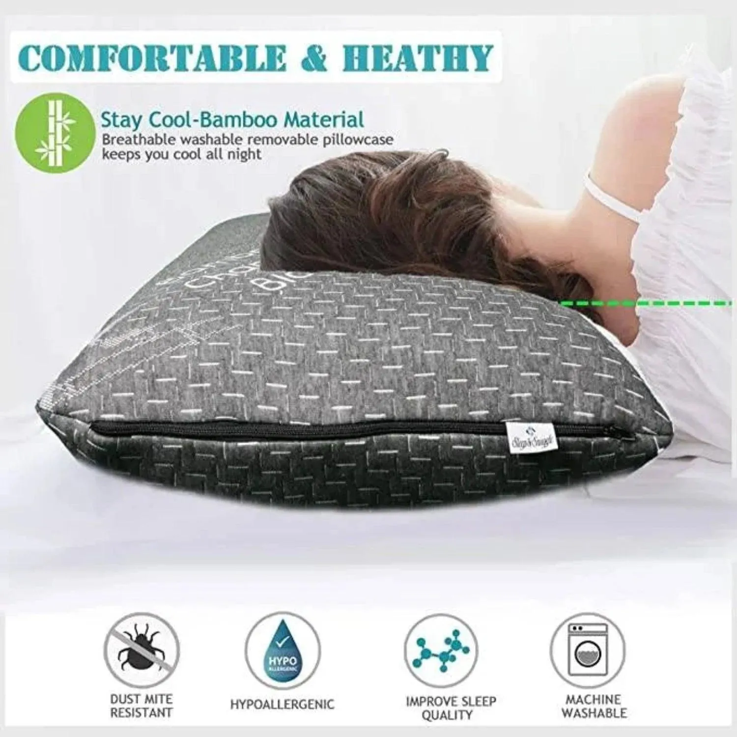 Memory Foam Ergonomic Anti Snore Cervical Neck Charcoal Bamboo Pillow for Pain Comfort