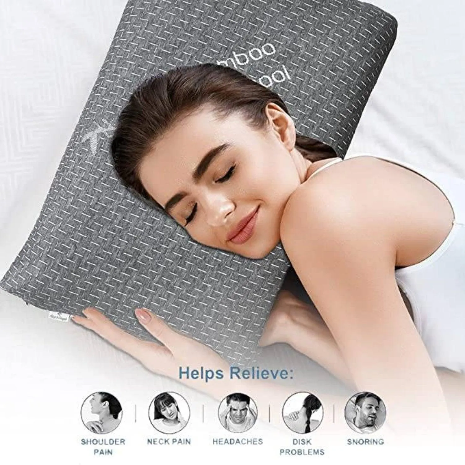 Memory Foam Ergonomic Anti Snore Cervical Neck Charcoal Bamboo Pillow for Pain Comfort