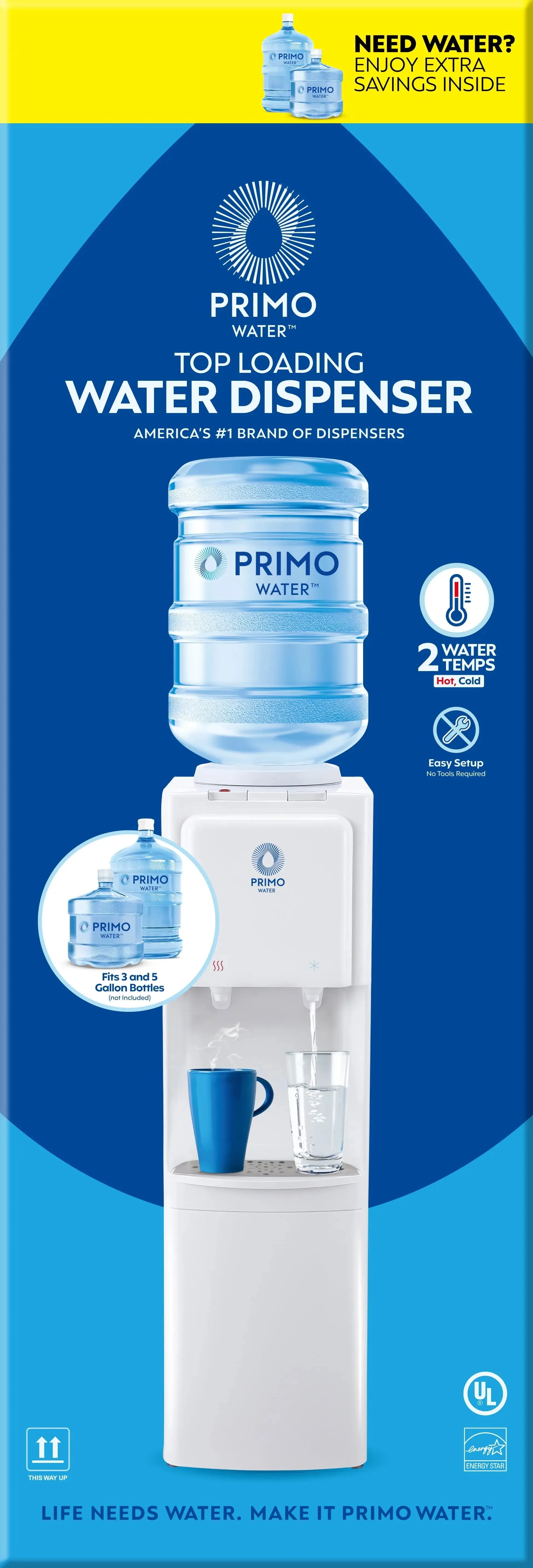 Primo® Water Dispenser Top Loading 36" Height, Hot and Cold Temperature, White 3 or 5 Gallon Model 601275