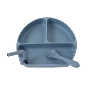 Silicone Plate with Straw and Spoon - Slate Blue