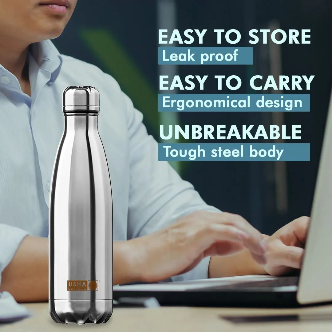 USHA SHRIRAM Insulated Stainless Steel Water Bottle | Hot for 18 Hours, Cold for 24 Hours | Water Bottle for Home, Office & Kids | Rust-Free, Durable & Leak-Proof | Silver (500ml, 6)