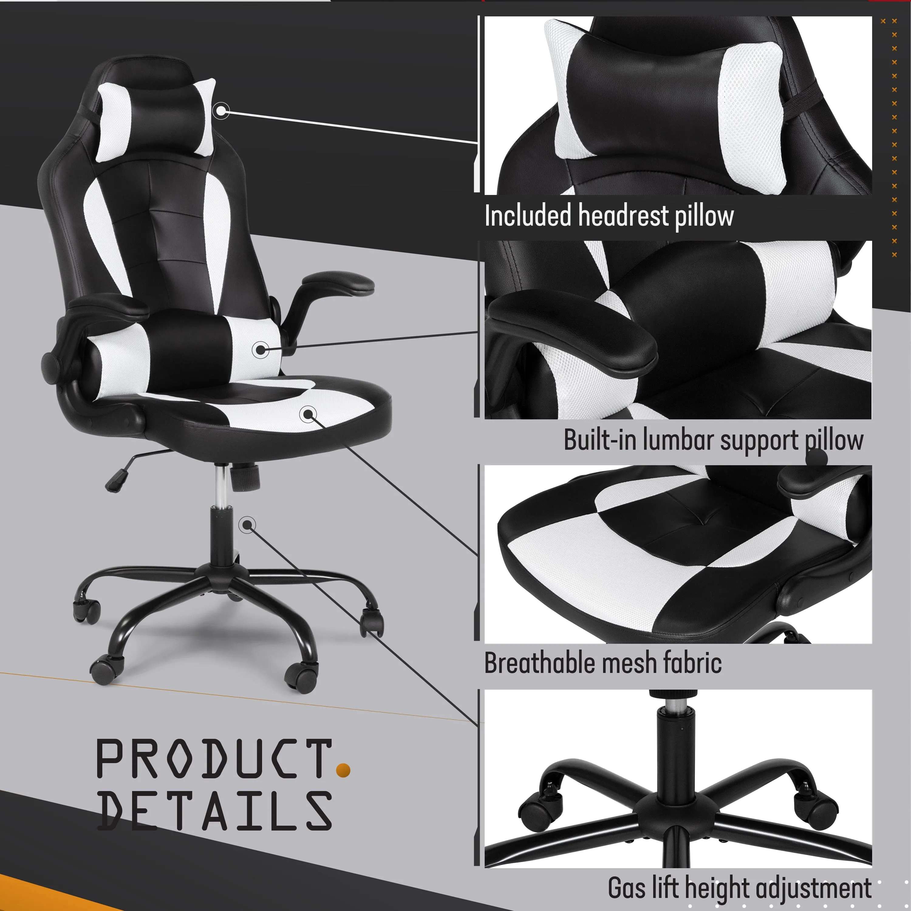 Zena Black and White Gaming Chair with Removable Pillow Headrest